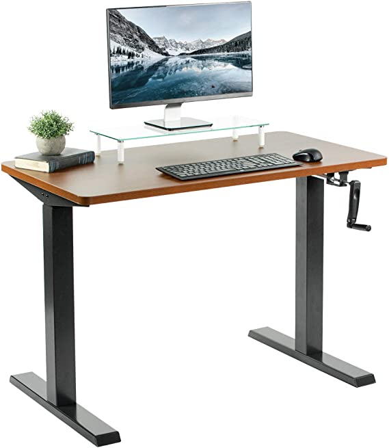 VIVO Manual 43” x 24” Stand Up Desk | Dark Walnut Table Top, Black Frame, Height Adjustable Standing Workstation with Foldable Handle (DESK-KIT-MB4D)