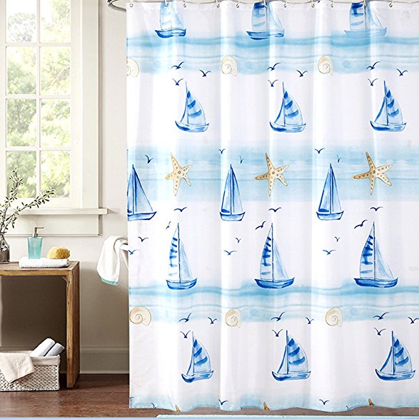 Uforme Nautical Shower Curtain Polyester Durable, Shabby Chic Decor Bathroom Curtains Anti-Mildews and Waterproof with Hooks (72Wx72L, Blue Starfish Sailboat)