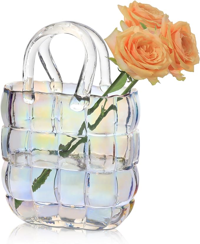 ComSaf Glass Purse Vase for Flowers, Handbag Colorful Vase for Decor, Unique Flower Vase Modern Vase Gift for Women, Decorative Vases for Home Decor Table Decor Floral Arrangement Centerpieces