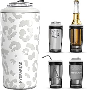 Hydrapeak 4-in-1 Insulated Bottle and Can Cooler - Fits 12 oz Slim Cans, Standard 12 oz Cans, and 12oz Beer Bottles | Stainless Steel Double Wall Vacuum Insulated Universal Can Cooler (Ghost Leopard)