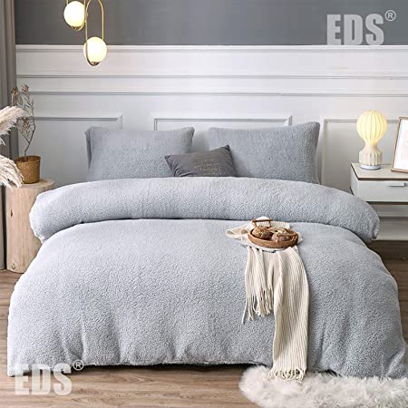 EDS Teddy Fleece Luxury Duvet Cover Sets Thermal Warm & Super Soft Cozy Fluffy with Matching Pillow Case (King, Silver)