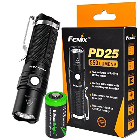 Fenix PD25 550 Lumen CREE XP-L V5 LED Tactical EDC Flashlight with holster, clip and EdisonBright CR123A Lithium Battery bundle