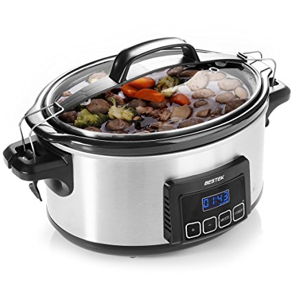 Slow Cooker, BESTEK 5.5 Litre Oval Pot Programmable Digital Timer Stainless Steel with Removable Ceramic Pot