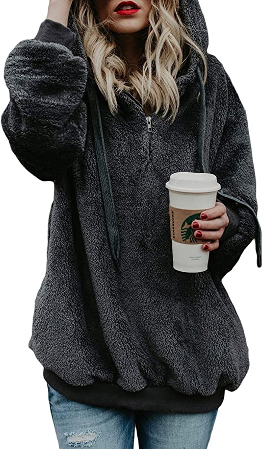 Dokotoo Womens Fuzzy Casual Loose Sweatshirt Hooded with Pockets Outwear S-XXL