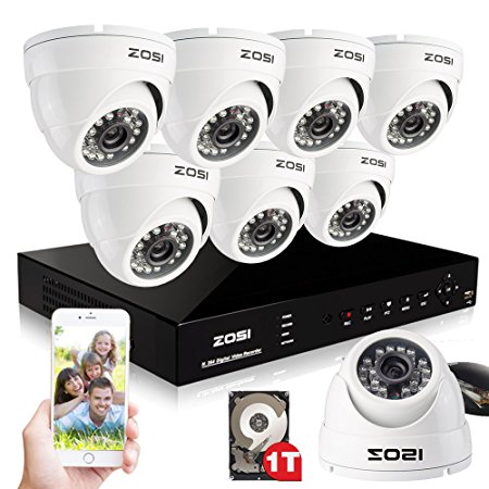 ZOSI 8-Channel 720P Security Surveillance System with 8 High-Resolution 720P/1280TVL Cameras and 1TB Hard Drive