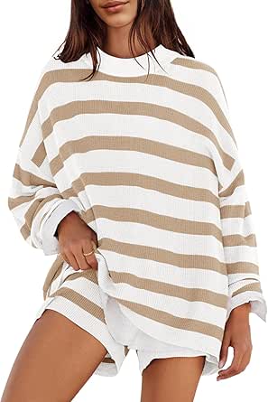 MEROKEETY Women's 2 Piece Sweater Lounge Sets Striped Long Sleeve Shorts Oversized Matching Outfits