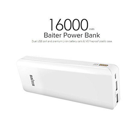BAITER British design 16000mAh Portable Charger Power Bank----Fast Charging Dual- Port Outport ,Safety Fireproof Material ,Very Light About 360g,One Year Warranty For All Phones (White)