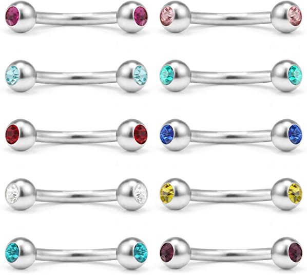 Ruifan 10PCS Mix Color Double Jeweled Diamond Curved Barbell Eyebrow Tragus Lip Ring 16g 8mm