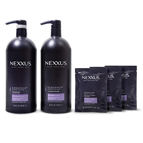 Nexxus Keraphix Shampoo and Conditioner and 3 Hair Treatment Masks for Damaged Hair, Hair Repair Treatment System Damaged Hair Repair Treatment System 33.8 oz, 2 count & 1.5 oz, 3 count, Pack of 5