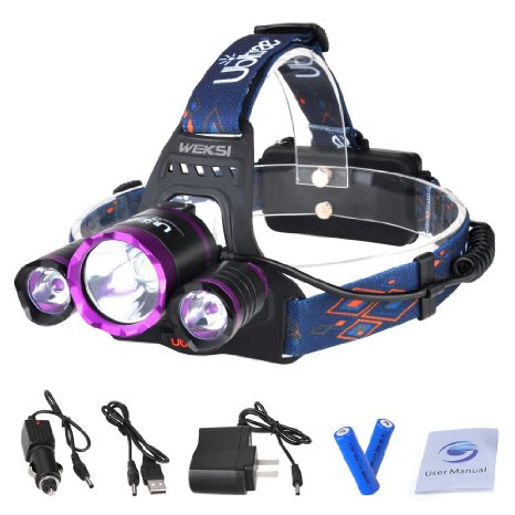 5000 Lumen Headlight WEKSI 3 LED 4 Mode Headlamp Flashlight Torch CREE XM-L2 T6 Helmet Light with Rechargeable Batteries and Wall Charger for Running Hiking Camping Riding Fishing Hunting