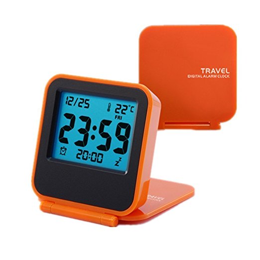 FlatLED Travel Alarm Clock, LCD Ultra-thin Clamshell 12/24 Hour with Temperature Date Week Repeating Snooze LCD Digital Screen Alarm Clock Orange
