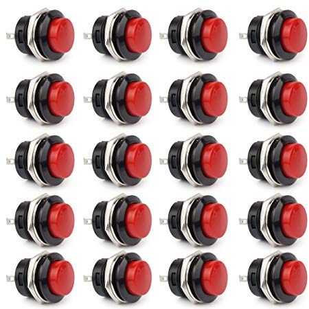 Clyxgs SPST Mini Push Button Switch AC250V/3A AC125V/6A No lock Round Momentary Push Button Switch Red Cap 20-Pack