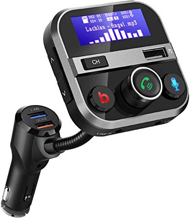 Car Bluetooth FM Transmitter V5.0 FM Radio Adapter Handsfree Car Kit 1.7 Inch Screen with Bass Switch, 2.4A and QC3.0 USB Ports, Support for USB Drive, MicroSD, AUX Input/Output, TF Card Mp3 Player