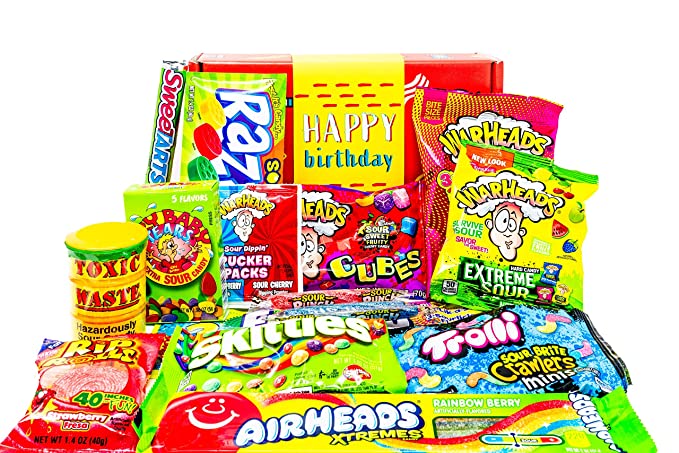 Woodstock Candy Happy Birthday Sour Candy Variety Pack Assortment Gift Basket Box Present for Boys Girls Men Women Kids Jr