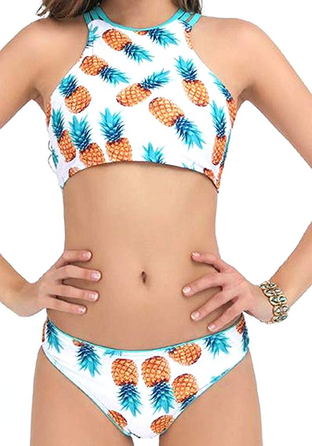 Pineapple Bathing Suit Women Lace up Halter Padding Bikini Set Bathing Suit Swimsuit Bikini Set
