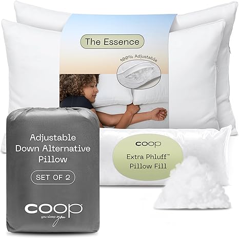 Coop Home Goods The Essence Down Alternative Pillow, Best Pillows for Sleeping, Adjustable Pillows Queen Size Set of 2 - Luxury Hotel Pillows for Back, Stomach or Side Sleepers