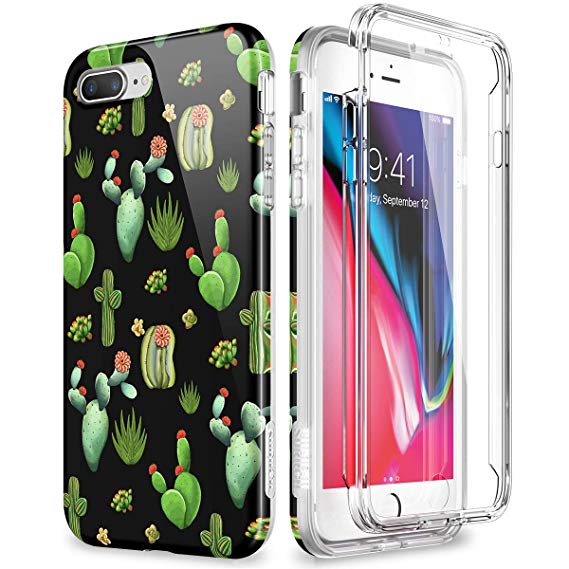 SURITCH Cartoon iPhone 8 Plus Case/iPhone 7 Plus Case, [Built-in Screen Protector] Full-Body Protection Hard PC Bumper   Glossy Soft TPU Rubber Shockproof Cover for iPhone 7 Plus/8 Plus- Green Cactus