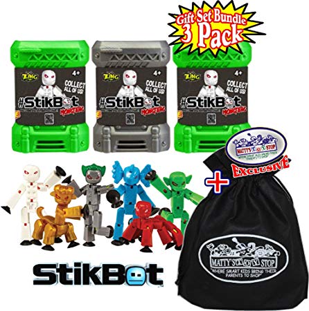 Hog Wild StikBot Monsters Mystery Capsule Figures Gift Set Bundle with Bonus Matty's Toy Stop Storage Bag - 3 Pack (Assorted)