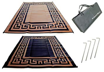 Redwood Mats Patio Mat 9' X 12' Greek Key - Brown/ Black Rv Mat Reversible Outdoor Rug Camping Indoor (With Ground Stakes & Carry Bag)