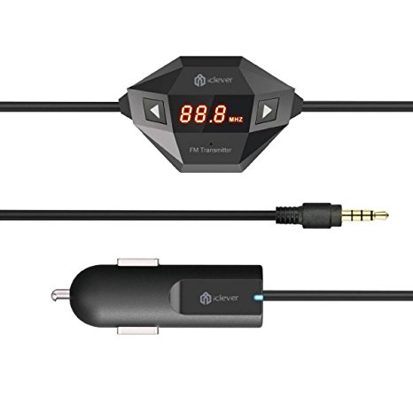 iClever Wireless FM Transmitter Radio Adapter Car Kit with 3.5mm Audio Plug and USB Car Charger, Black
