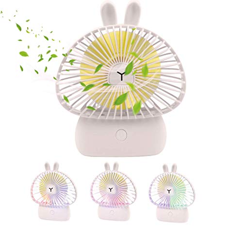 TekHome USB Cooling Fan Desktop with Lights, Mini Hand Held Fan Battery Powered, Small Portable 120mm Silent Electric Personal Fan for Girls Women, Office Desk Accessories, 1200mAh, 3 Speed, White.