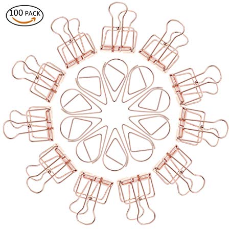 30 Pcs Binder Clips and 70 Pcs Paper Clips, Rose Gold Binder Clip Assorted Size Rose Gold Clips