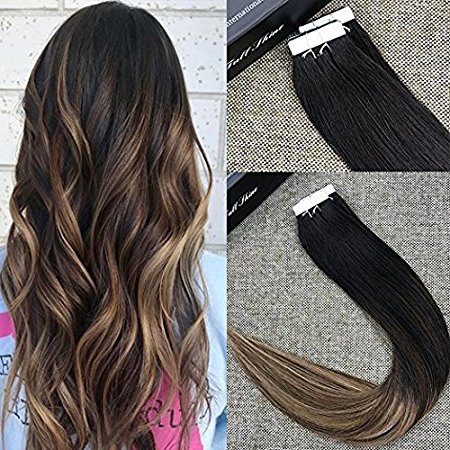 Full Shine 14" Balayage Tape in Hair Extensions Seamless Remy Hair Extensions Color 1B Fading to #6 and #27 Honey Blonde Dip Dyed Hair 20 Pcs 50gram Per Package