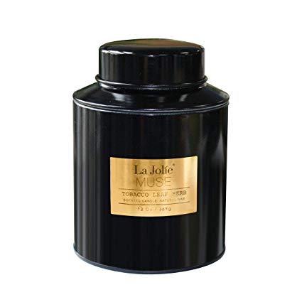 LA JOLIE MUSE Scented Candle Tobacco Leaf, Natural Soy Wax Black Metal Tin Gift for Thanksgiving