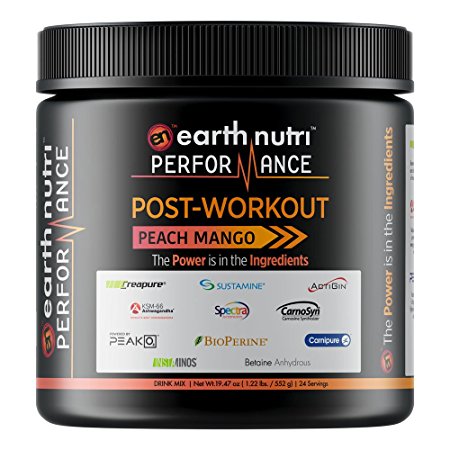 EarthNutri Performance Post-Workout Supplement with BCAAs, L-Alanyl-L-Glutamine, Creatine, Beta Alanine, L-Citrulline, Betaine Anhydrous, Organic PeakO2, Organic Ashwagandha (Peach Mango)