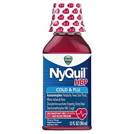 Vicks NyQuil, High Blood Pressure Cold & Flu Medicine, Relieves Headache, Fever, Sore Throat, Minor Aches & Pains, 12 Fl Oz, Cherry Flavor