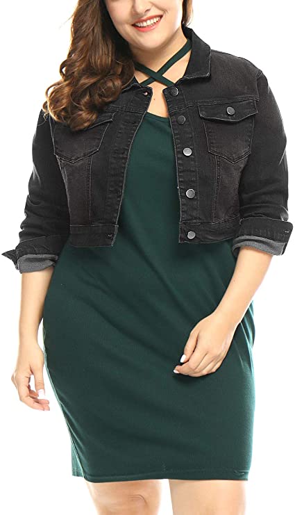 uxcell Women's Plus Size Button Closed Cropped Denim Jacket