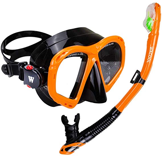 WACOOL Snorkeling Package Set for Adults, Anti-Fog Coated Glass Diving Mask, Snorkel with Silicon Mouth Piece,Purge Valve and Anti-Splash Guard