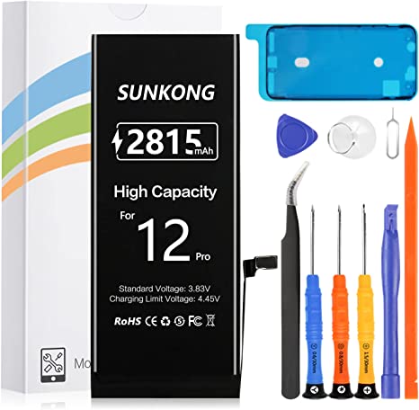 Battery for iPhone 12 Pro, SUNKONG 2815mAh High Capacity Battery Replacement Fit for A2407 A2341 A2406 A2408 with Full Set Repair Tool Kits