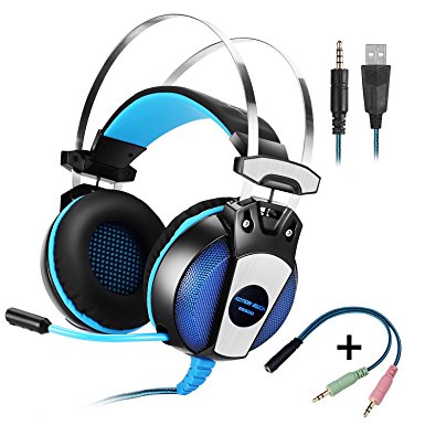 KOTION EACH GS500 Professional 3.5mm PC Stereo Gaming Headset, Bass Headphones, Comfortable Headband with in-line Mic, Integrated Microphone, LED Light for PS4 PC Computer Laptop Mobile Phones (Blue)