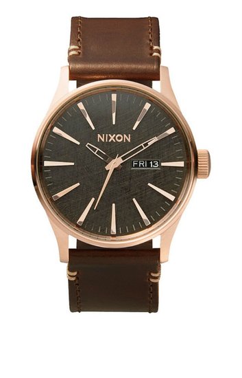 Nixon A105 2001 Men's Sentry Leather Watch Rose Gold / Gunmetal / Brown