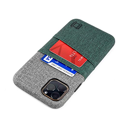 Dockem Luxe M2 Card Case for iPhone 11 Pro Max (6.5): Built-in Invisible Metal Plate, Designed for Magnetic Mounting: Slim Canvas Style Synthetic Leather Wallet Case (Green & Grey)