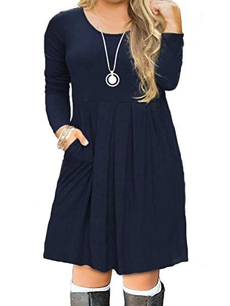 VISLILY Women's Plus Size Long Sleeve Pleated Swing Dress with Pockets XL-4XL