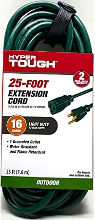Hyper Tough 25FT 16AWG 3 Prong / 7.6m SJTW 16/3 Green Single Outlet Outdoor Extension Cord