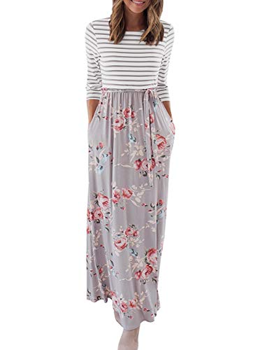 MEROKEETY Women's Striped Floral Print 3/4 Sleeve Tie Waist Maxi Dress with Pockets