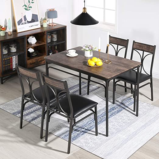 VECELO 5-Piece Indoor Modern Rectangular Dining Table Set for Kitchen, Dinette, Breakfast Nook, 4, Classic Brown