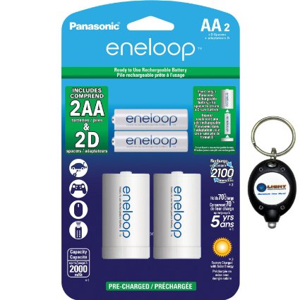 Panasonic Eneloop 2100 cycle Pre-charged ready to use 2x AA batteries   2x "D" size spacers/adapters   Keychain light