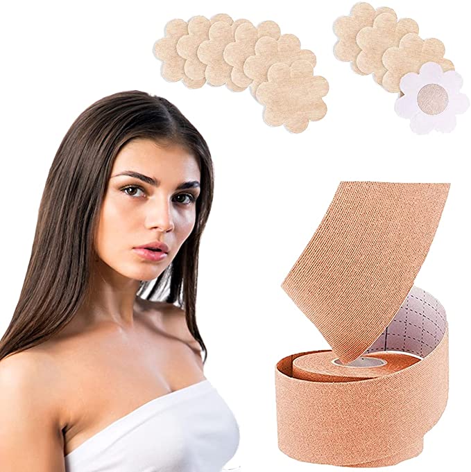 Breast Lift Tape, BoobyTape, Bob Tape for Breast Lift, Body Tape, Fashion Tape,Athletic Tape, Bra Tape, Breast Tape Lifting Large Breast (Includes 10 Petal Nipple Covers) Nude