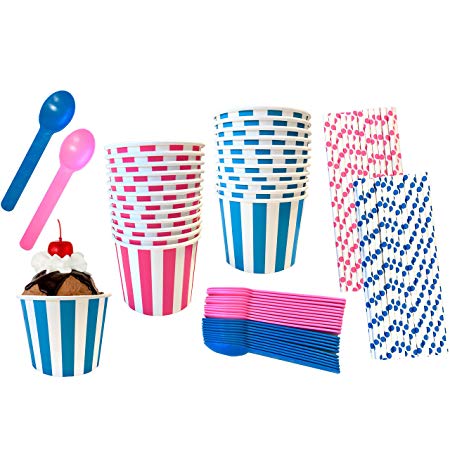 Gender Reveal Ice Cream Party Kit - 12 Ounce Striped Pink and Blue Dessert Treat Cups - Heavyweight Plastic Spoons - Polka Dot Paper Straws - 24 Each Cups and Spoons and 50 Straws