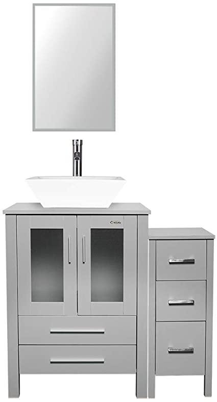eclife 36” Bathroom Vanity Sink Combo Grey W/Side Cabinet Vanity White Square Ceramic Vessel Sink and Chrome Bathroom Solid Brass Faucet and Pop Up Drain, W/Mirror (A07B02GYB11GY)