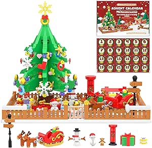 Advent Calendar 2024 Christmas Tree and Scene Toy Building Sets with LED Light, 24 Days 828 Pieces Christmas Countdown Calendar Building Blocks Christmas Gifts for Adults Kids Ages 6