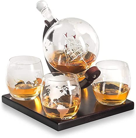 ALINK Etched Globe Whiskey Decanter Gift Set- Glasses & Glass Beverage Drink Dispenser Also for Brandy Tequila Bourbon Scotch Rum -Alcohol Related Gifts for Dad (850ML) (4 Glass Square)