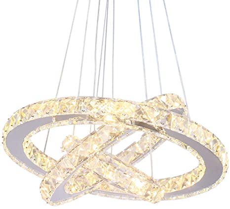 Winretro Modern Crystal Circle Ceiling Pendant Light 3 Rings Crystal Chandeliers Adjustable Stainless Steel for Kitchen Dining Room Hallway Bedroom(Warm White)
