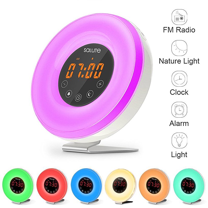 Wake Up Light Alarm Clock,Salute Sunrise Simulator Alarm Clock ,6 Nature Sounds, FM Radio, Touch Control, Sunset Simulation ,7 Color Night Light ,11 Mode Brightness ,Smart Snooze Function With USB Charger for Heavy Sleepers