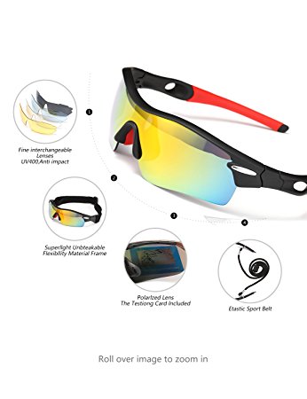 ODODOS Polarized Sports Sunglasses With 5 Interchangeable Lenes for Cycling Baseball Running Fishing Unbreakable Frame