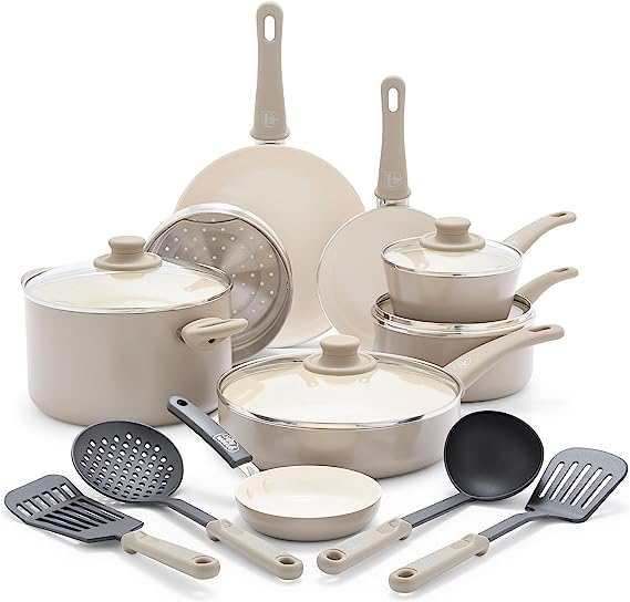 GreenLife Soft Grip Healthy Ceramic Nonstick 16 Piece Kitchen Cookware Pots and Frying Sauce Pans Set, PFAS-Free, Dishwasher Safe, Taupe